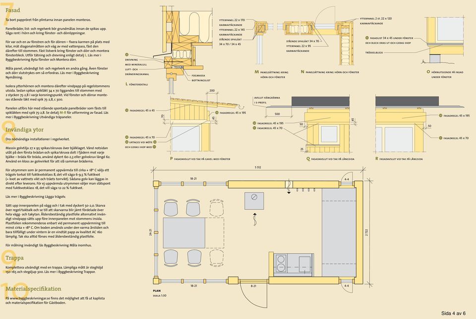 Fäst listverk kring fönster och dörr och montera fönsterbleck. tför tätning och drevning enligt detalj L. Läs mer i Byggbeskrivning Byta fönster och Montera dörr.