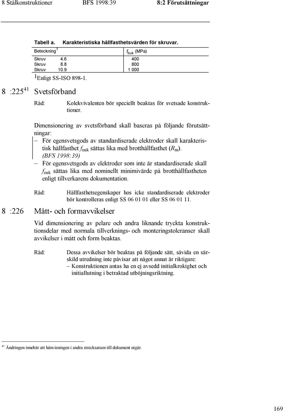 Dimensionering av svetsförband skall baseras på följande förutsättningar: För egensvetsgods av standardiserade elektroder skall karakteristisk hållfasthet f euk sättas lika med brotthållfasthet (R m