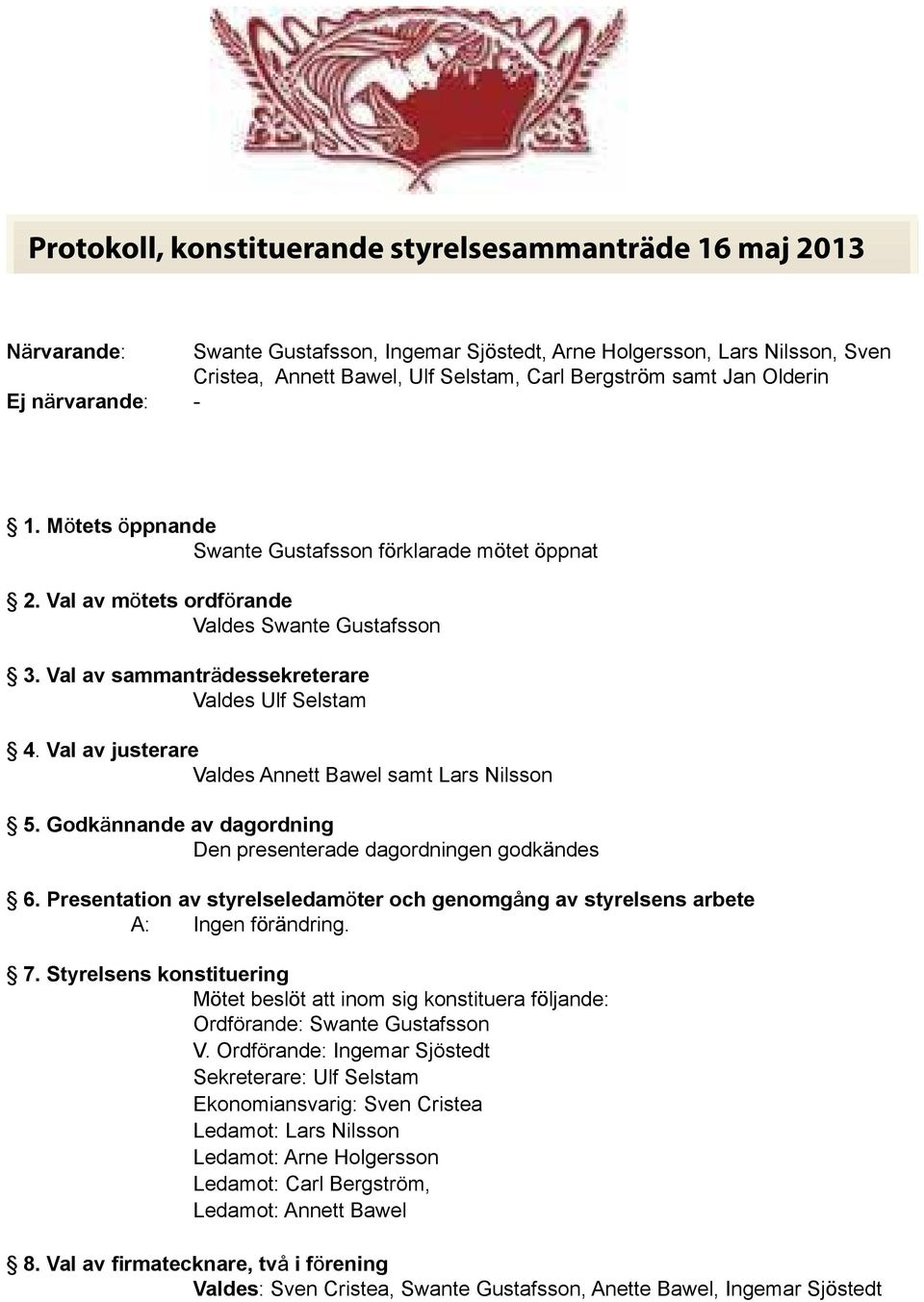 Val av justerare Valdes Annett Bawel samt Lars Nilsson 5. Godkännande av dagordning Den presenterade dagordningen godkändes 6.