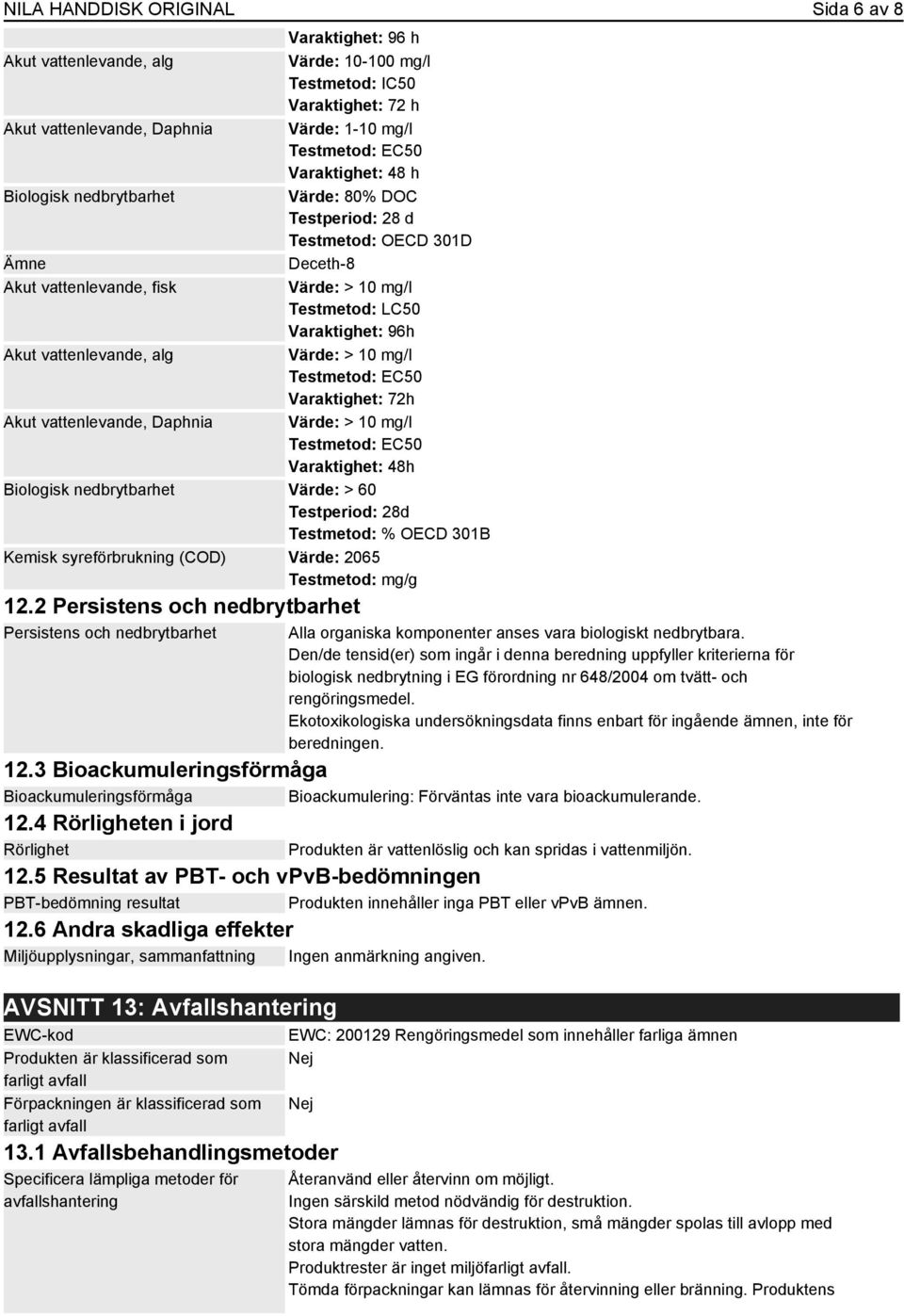 vattenlevande, alg Värde: > 10 mg/l Testmetod: EC50 Varaktighet: 72h Akut vattenlevande, Daphnia Värde: > 10 mg/l Testmetod: EC50 Varaktighet: 48h Biologisk nedbrytbarhet Värde: > 60 Testperiod: 28d