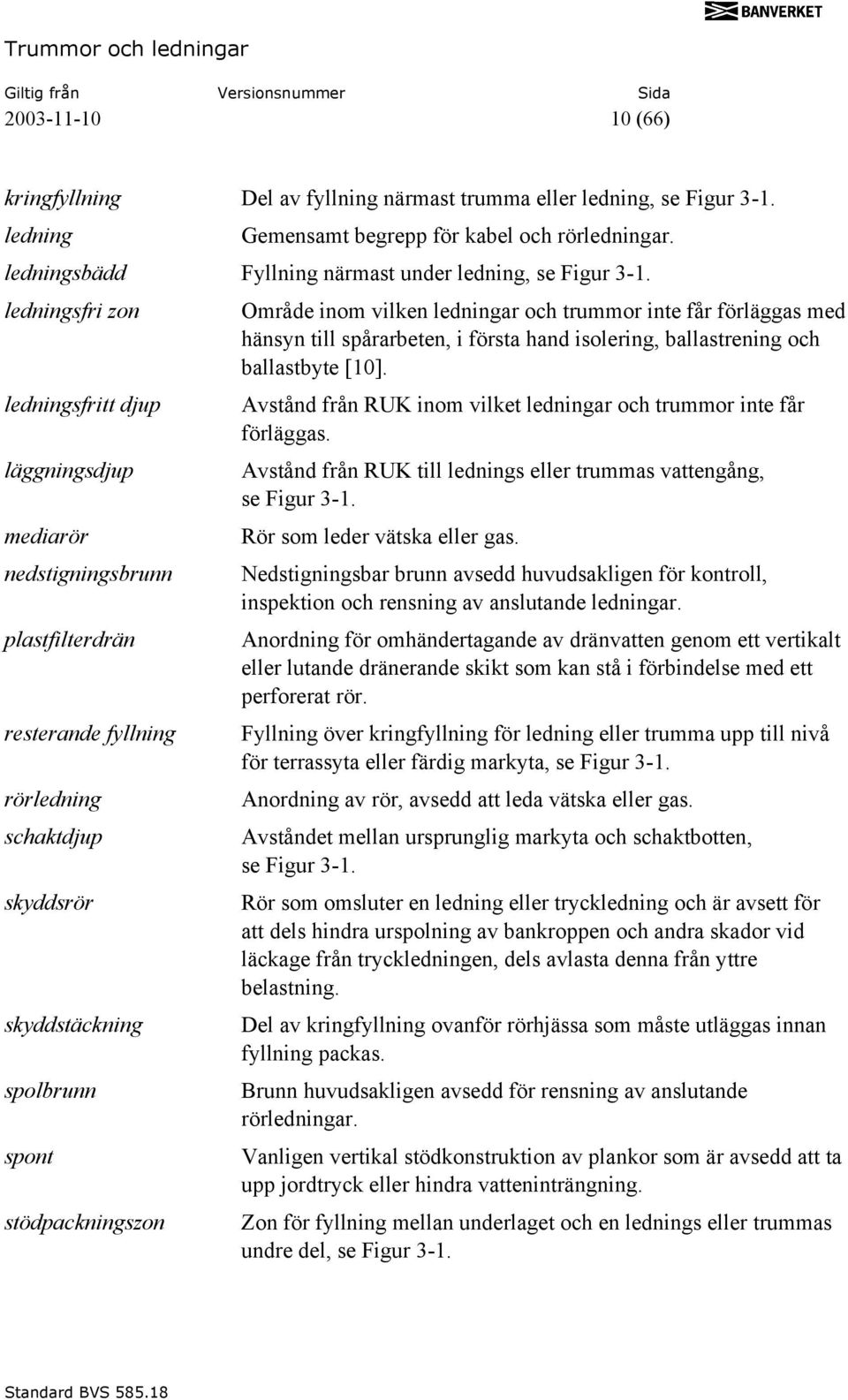 ledningsfri zon Område inom vilken ledningar och trummor inte får förläggas med hänsyn till spårarbeten, i första hand isolering, ballastrening och ballastbyte [10].