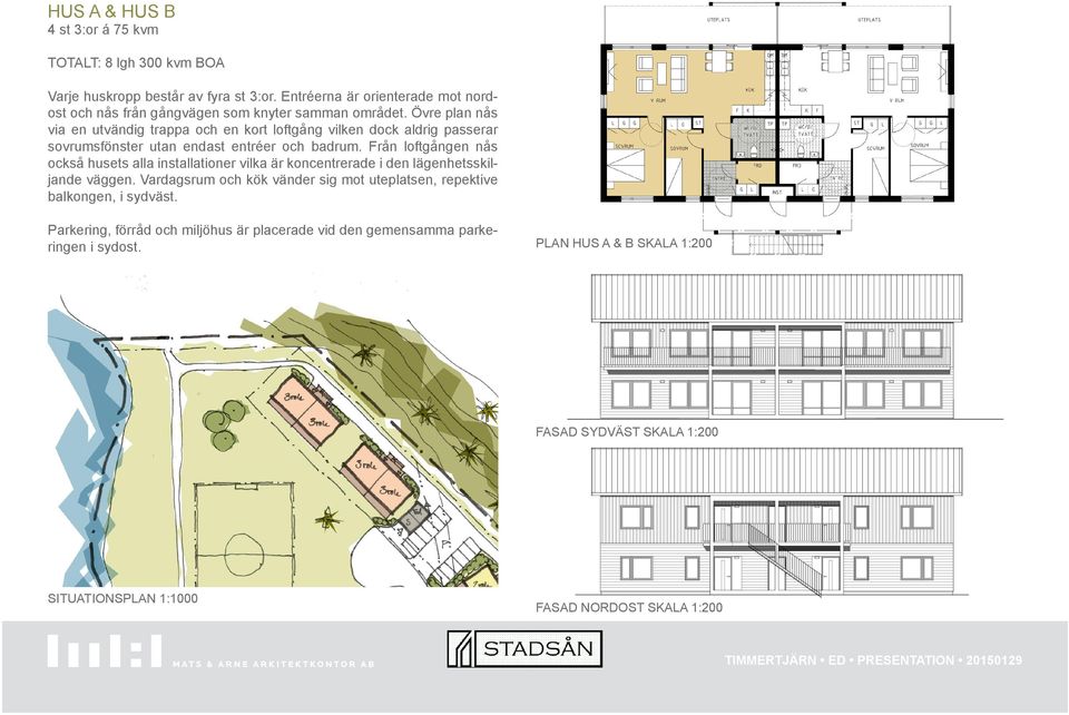 Övre plan nås via en utvändig trappa och en kort loftgång vilken dock aldrig passerar sovrumsfönster utan endast entréer och badrum.