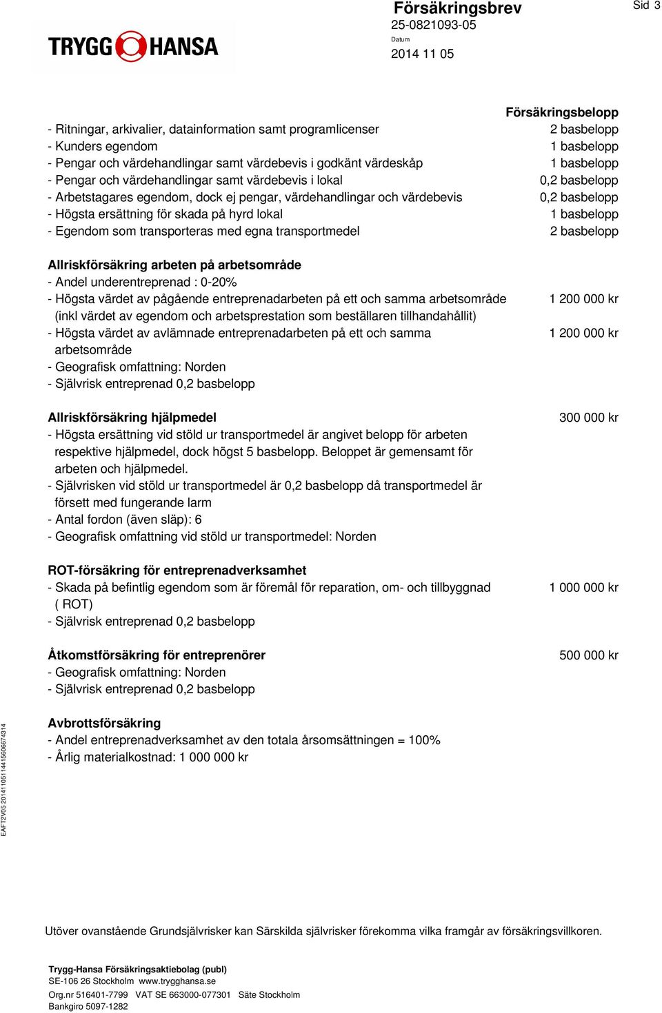 hyrd lokal 1 basbelopp - Egendom som transporteras med egna transportmedel 2 basbelopp Allriskförsäkring arbeten på arbetsområde - Andel underentreprenad : 0-20% - Högsta värdet av pågående