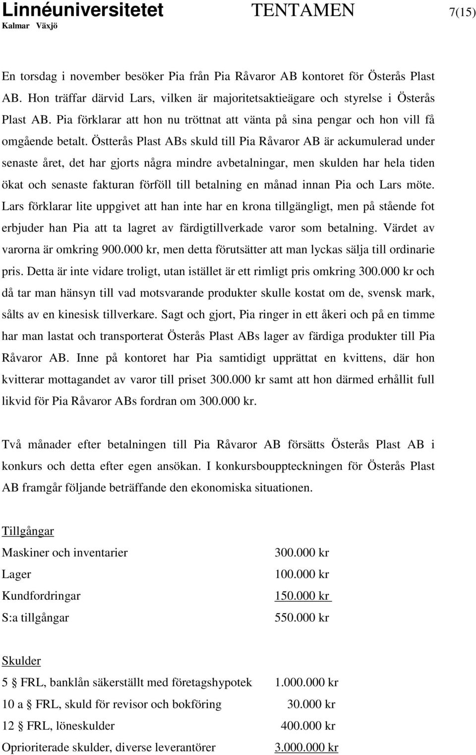 Östterås Plast ABs skuld till Pia Råvaror AB är ackumulerad under senaste året, det har gjorts några mindre avbetalningar, men skulden har hela tiden ökat och senaste fakturan förföll till betalning