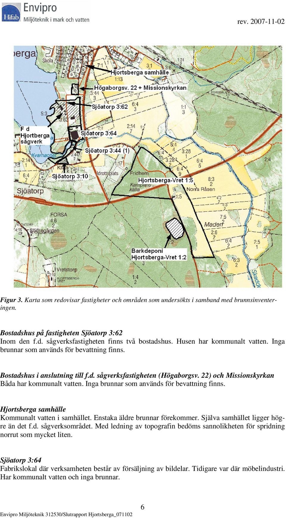 Inga brunnar som används för bevattning finns. Hjortsberga samhälle Kommunalt vatten i samhället. Enstaka äldre brunnar förekommer. Själva samhället ligger högre än det f.d. sågverksområdet.