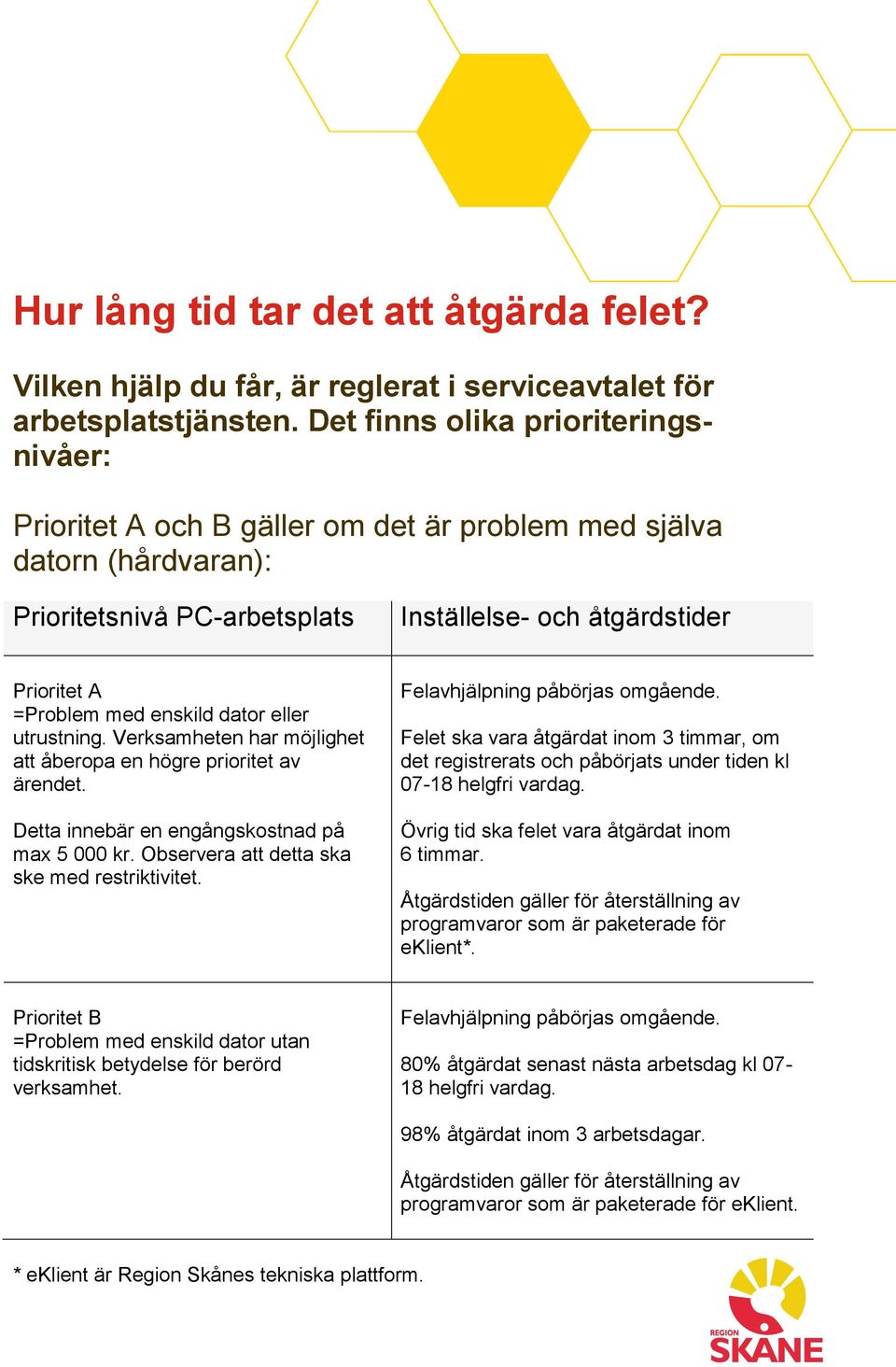 enskild dator eller utrustning. Verksamheten har möjlighet att åberopa en högre prioritet av ärendet. Detta innebär en engångskostnad på max 5 000 kr. Observera att detta ska ske med restriktivitet.