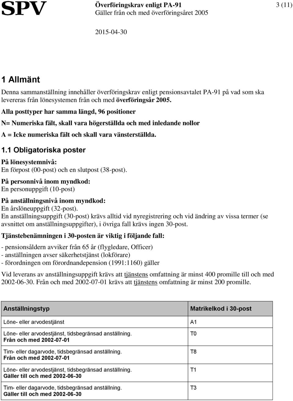 1 Obligatoriska poster På lönesystemnivå: En förpost (00-post) och en slutpost (38-post).