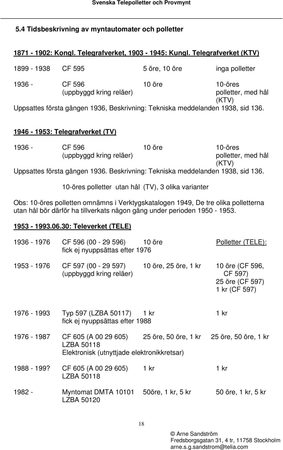 meddelanden 1938, sid 136. 1946-1953: Telegrafverket (TV) 1936 - CF 596 10 öre 10-öres (uppbyggd kring reläer) polletter, med hål (KTV) Uppsattes första gången 1936.