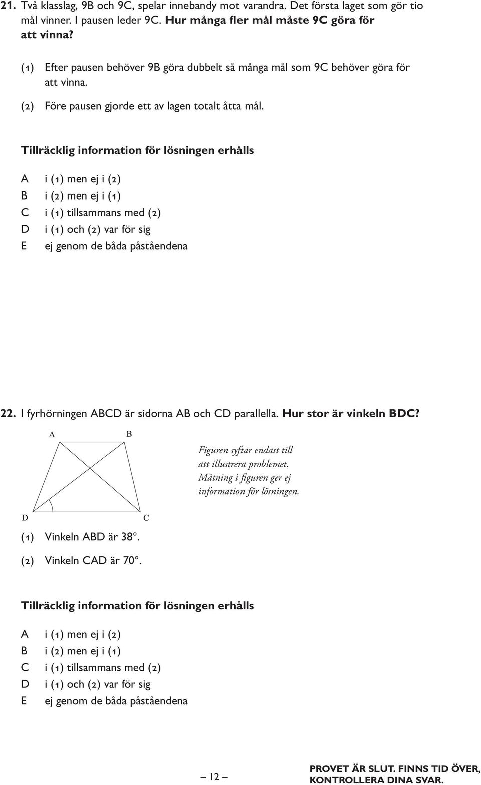 (2) Före pausen gjorde ett av lagen totalt åtta mål. 22. I fyrhörningen ABCD är sidorna AB och CD parallella. Hur stor är vinkeln BDC?