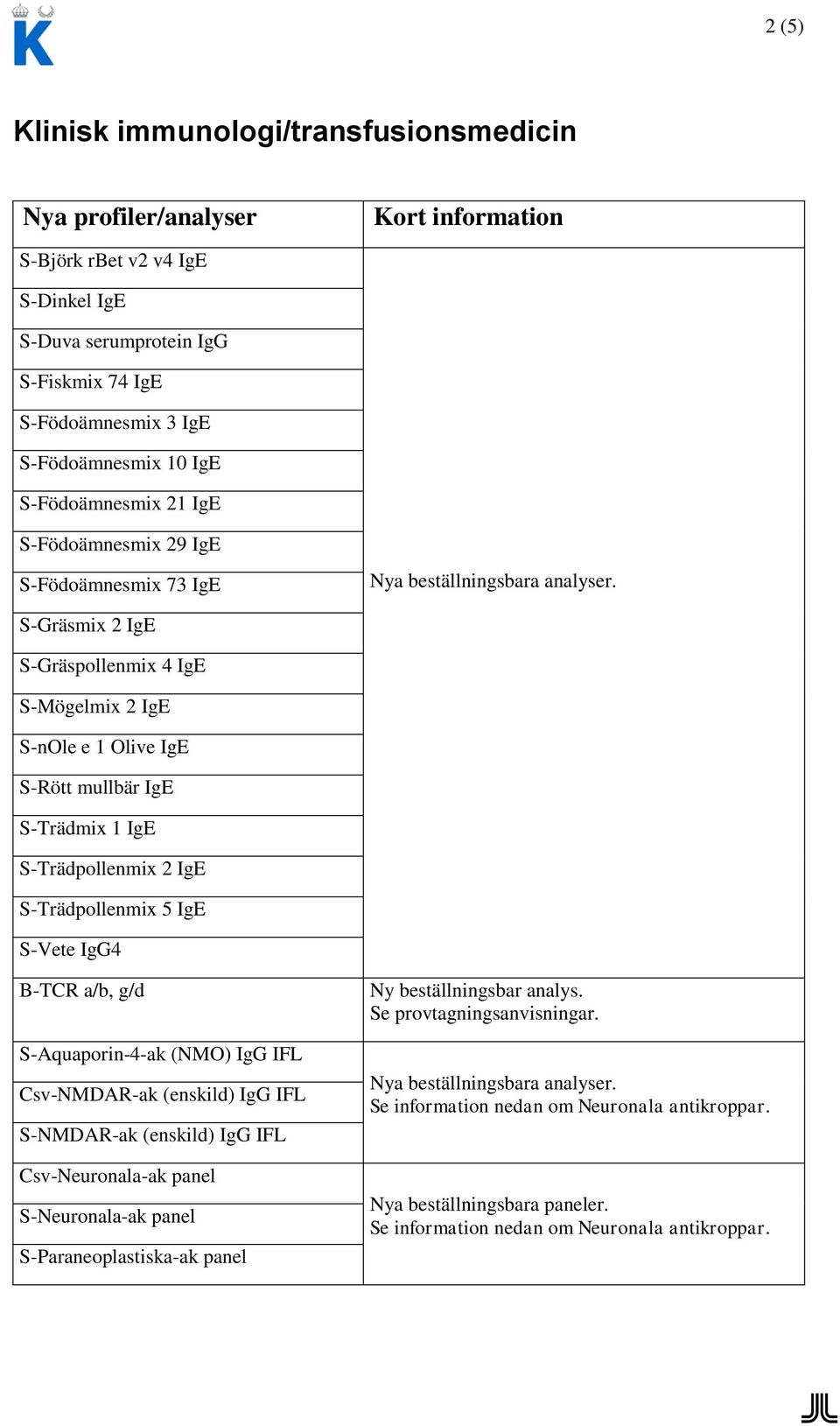 S-Gräsmix 2 IgE S-Gräspollenmix 4 IgE S-Mögelmix 2 IgE S-nOle e 1 Olive IgE S-Rött mullbär IgE S-Trädmix 1 IgE S-Trädpollenmix 2 IgE S-Trädpollenmix 5 IgE S-Vete IgG4 B-TCR a/b, g/d S-Aquaporin-4-ak