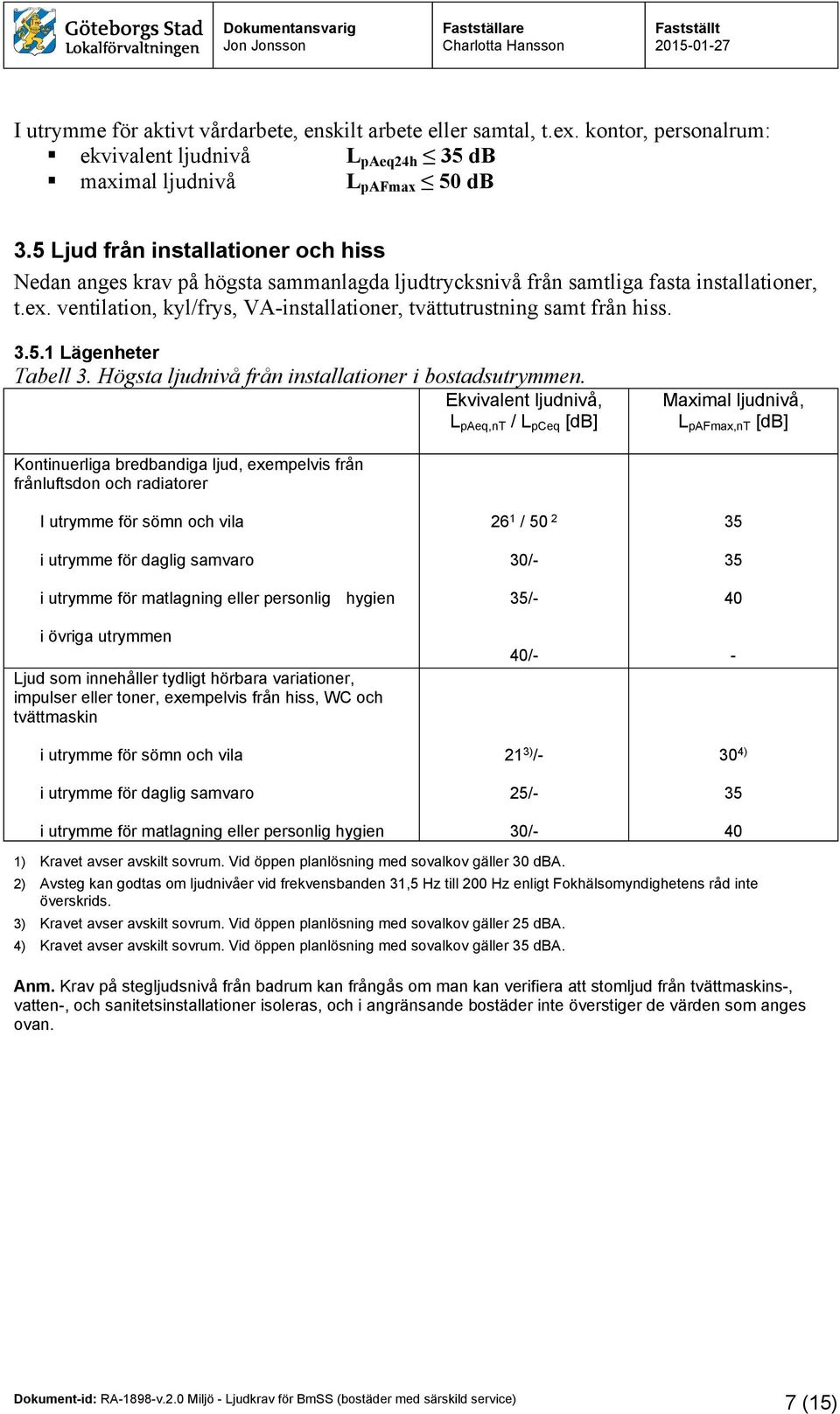 ventilation, kyl/frys, VA-installationer, tvättutrustning samt från hiss. 3.5.1 Lägenheter Tabell 3. Högsta ljudnivå från installationer i bostadsutrymmen.