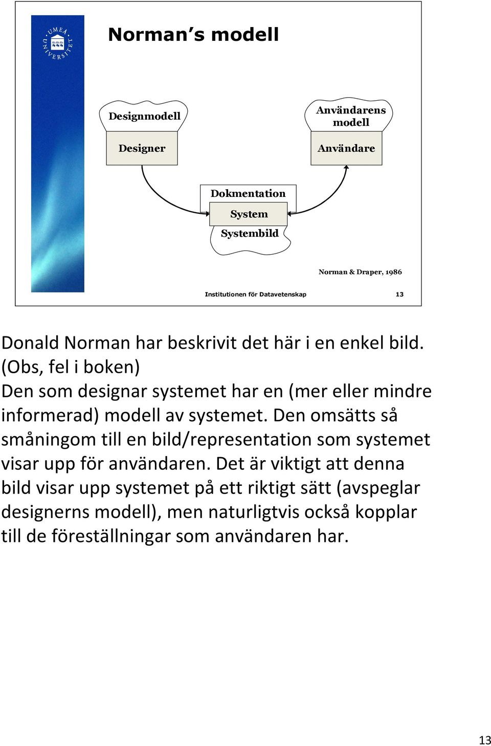 (Obs, fel i boken) Den som designar systemet har en (mer eller mindre informerad) modell av systemet.