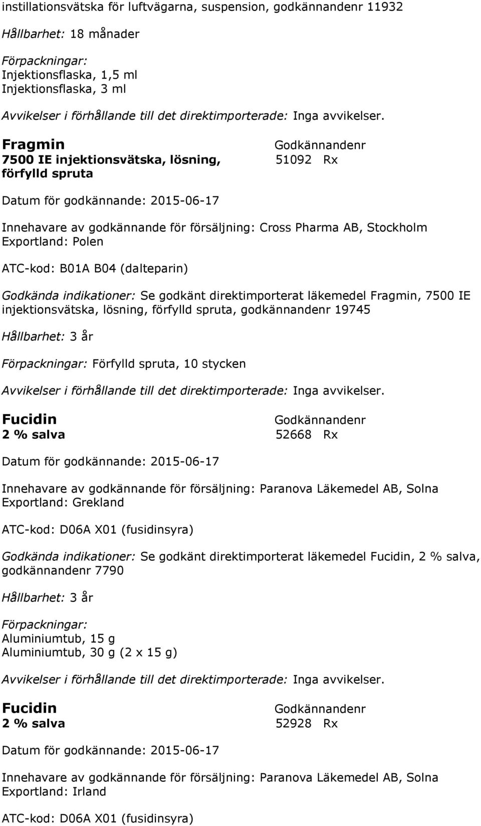 Fragmin, 7500 IE injektionsvätska, lösning, förfylld spruta, godkännandenr 19745 Förfylld spruta, 10 stycken Fucidin 2 % salva 52668 Rx Innehavare av godkännande för försäljning: Paranova Läkemedel