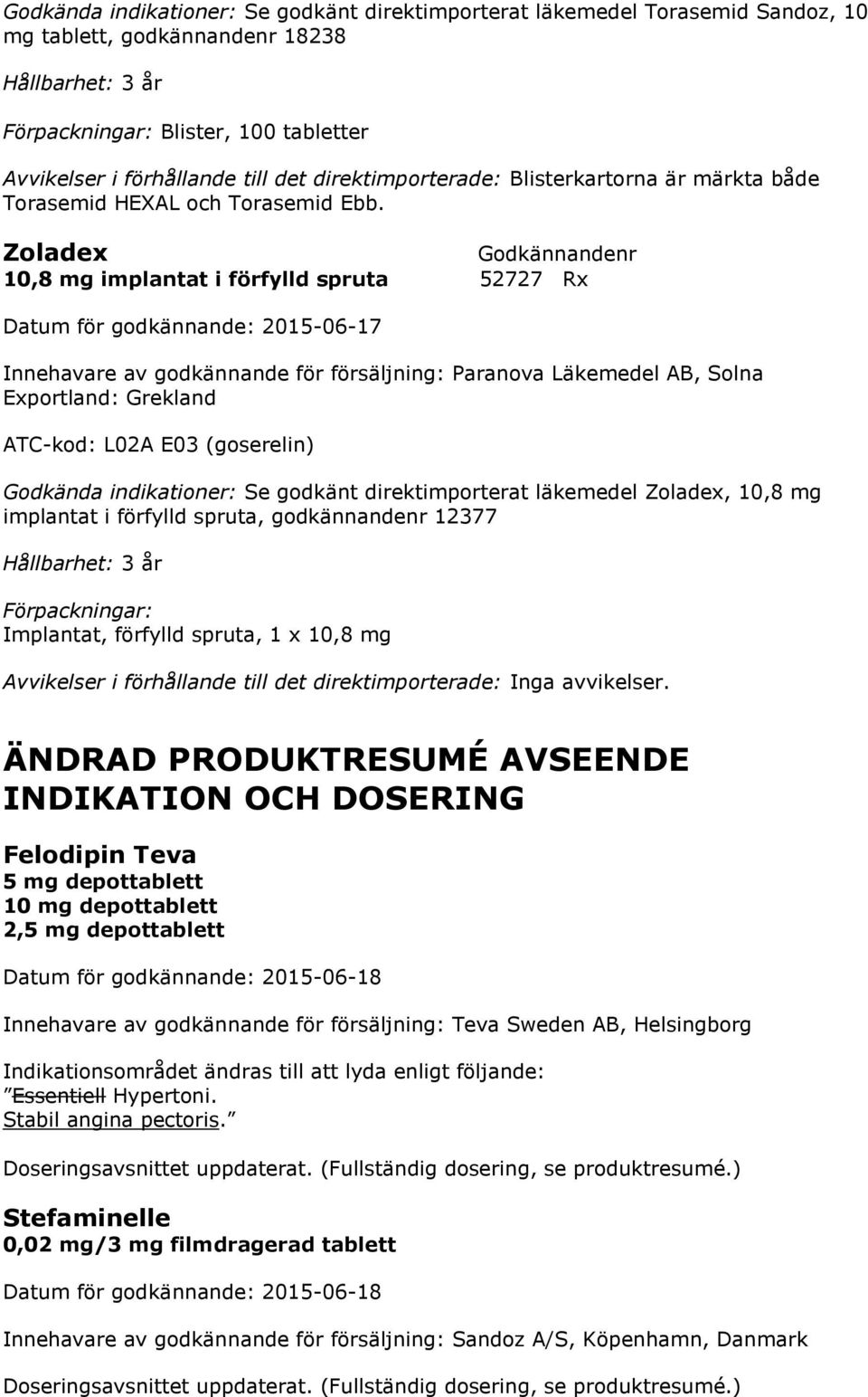 Zoladex 10,8 mg implantat i förfylld spruta 52727 Rx Innehavare av godkännande för försäljning: Paranova Läkemedel AB, Solna Exportland: Grekland ATC-kod: L02A E03 (goserelin) Godkända indikationer: