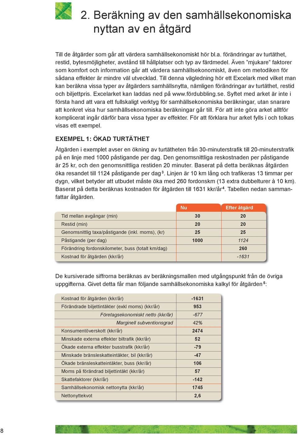 Till denna vägledning hör ett Excelark med vilket man kan beräkna vissa typer av åtgärders samhällsnytta, nämligen förändringar av turtäthet, restid och biljettpris. Excelarket kan laddas ned på www.