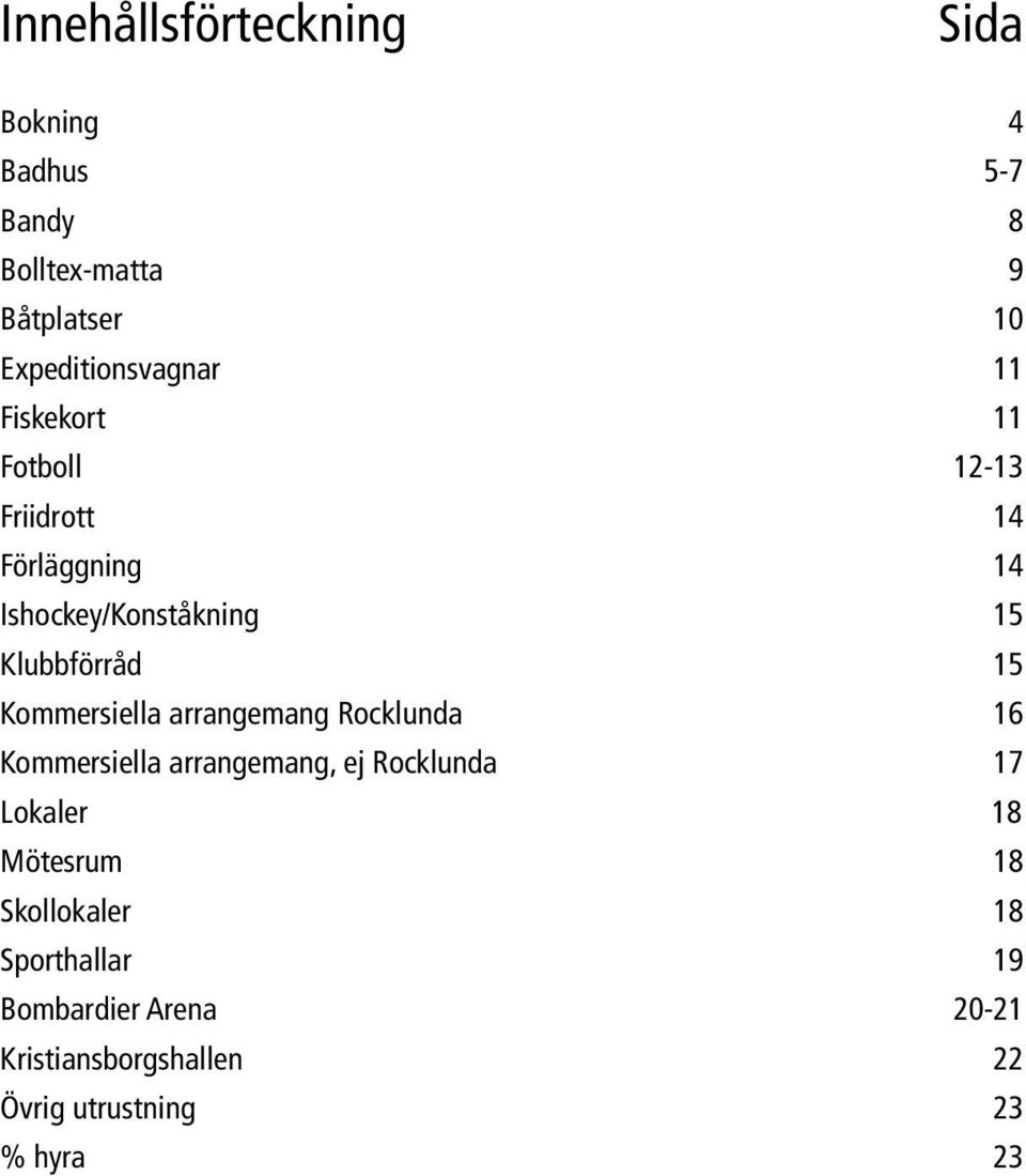 Kommersiella arrangemang Rocklunda 16 Kommersiella arrangemang, ej Rocklunda 17 Lokaler 18 Mötesrum 18