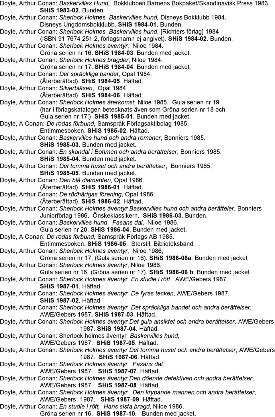 Gröna serien nr 16. SHiS 1984-03. Bunden med jacket. Doyle, Arthur Conan: Sherlock Holmes bragder, Niloe 1984. Gröna serien nr 17. SHiS 1984-04. Bunden med jacket. Doyle, Arthur Conan: Det spräckliga bandet, Opal 1984.