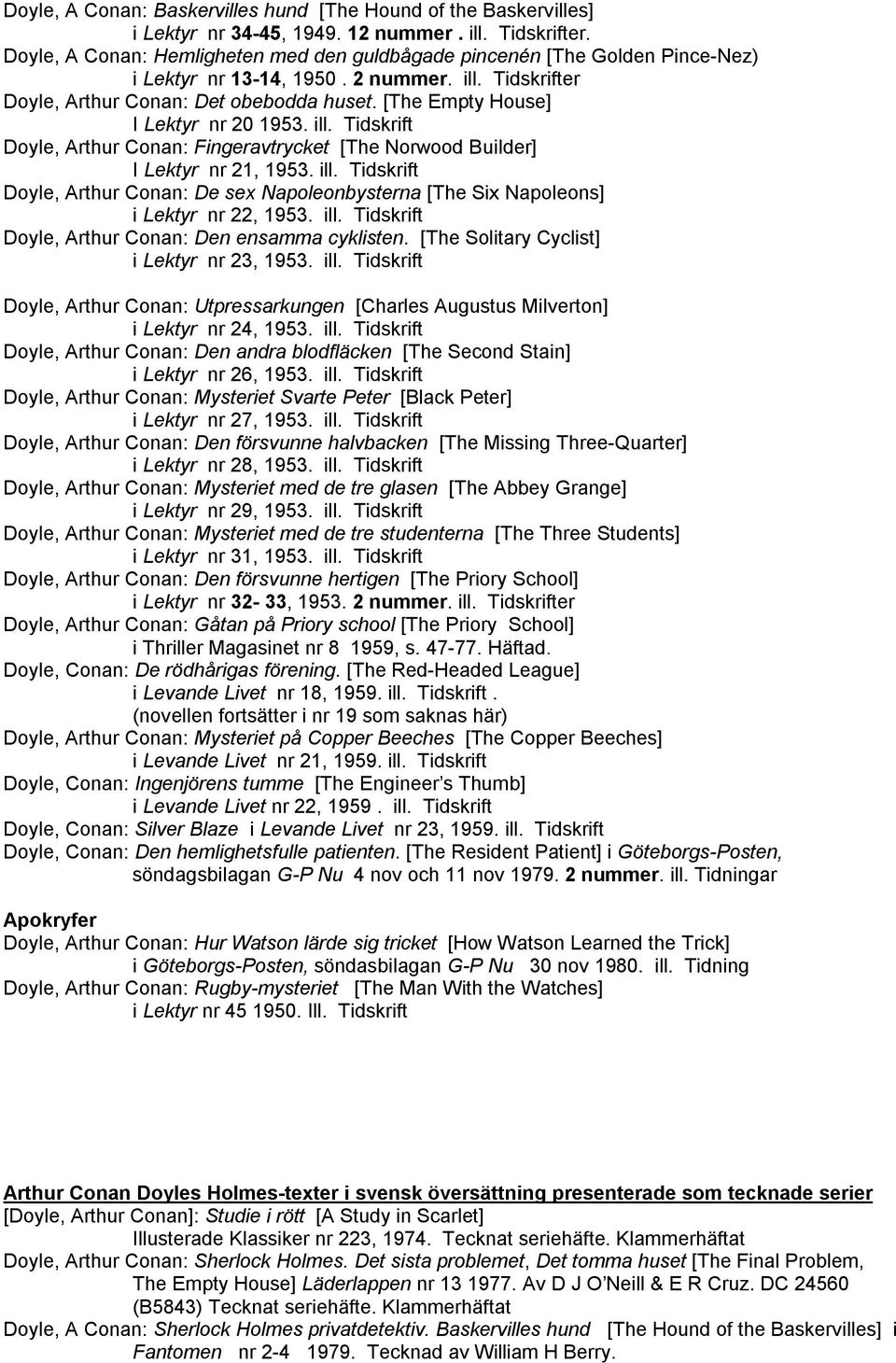 [The Empty House] I Lektyr nr 20 1953. ill. Tidskrift Doyle, Arthur Conan: Fingeravtrycket [The Norwood Builder] I Lektyr nr 21, 1953. ill. Tidskrift Doyle, Arthur Conan: De sex Napoleonbysterna [The Six Napoleons] i Lektyr nr 22, 1953.