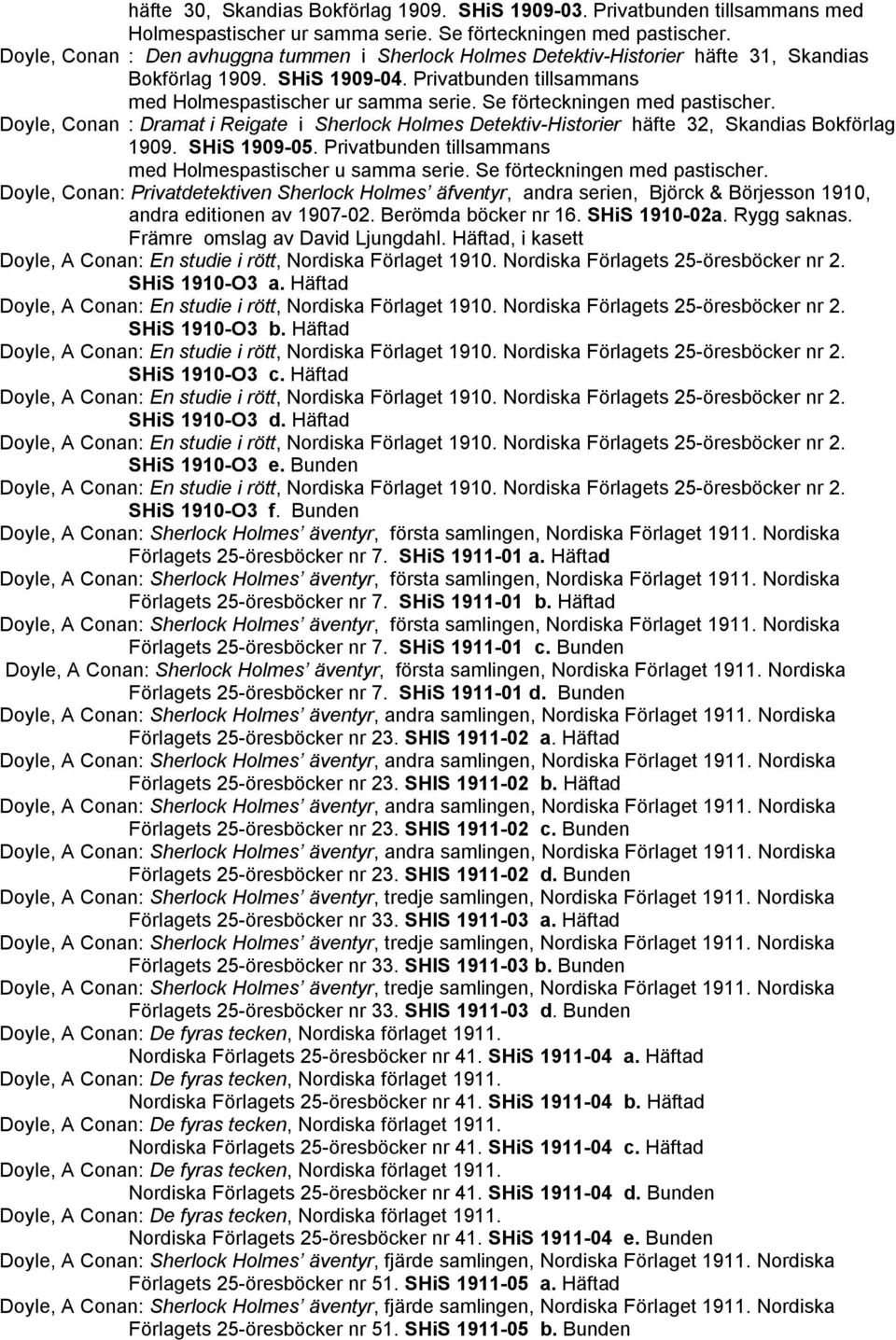 Se förteckningen med pastischer. Doyle, Conan : Dramat i Reigate i Sherlock Holmes Detektiv-Historier häfte 32, Skandias Bokförlag 1909. SHiS 1909-05.