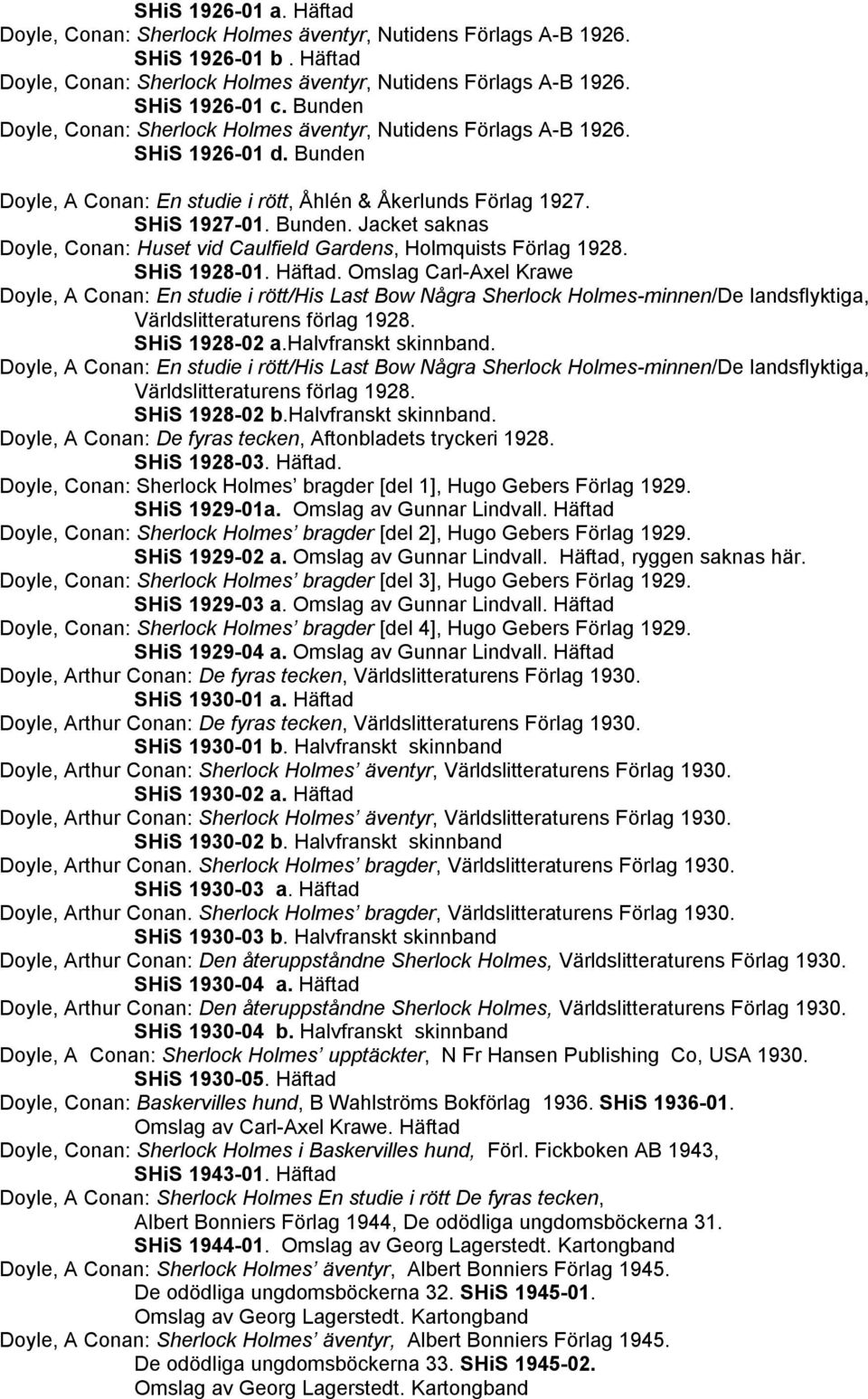 SHiS 1928-01. Häftad. Omslag Carl-Axel Krawe Doyle, A Conan: En studie i rött/his Last Bow Några Sherlock Holmes-minnen/De landsflyktiga, Världslitteraturens förlag 1928. SHiS 1928-02 a.