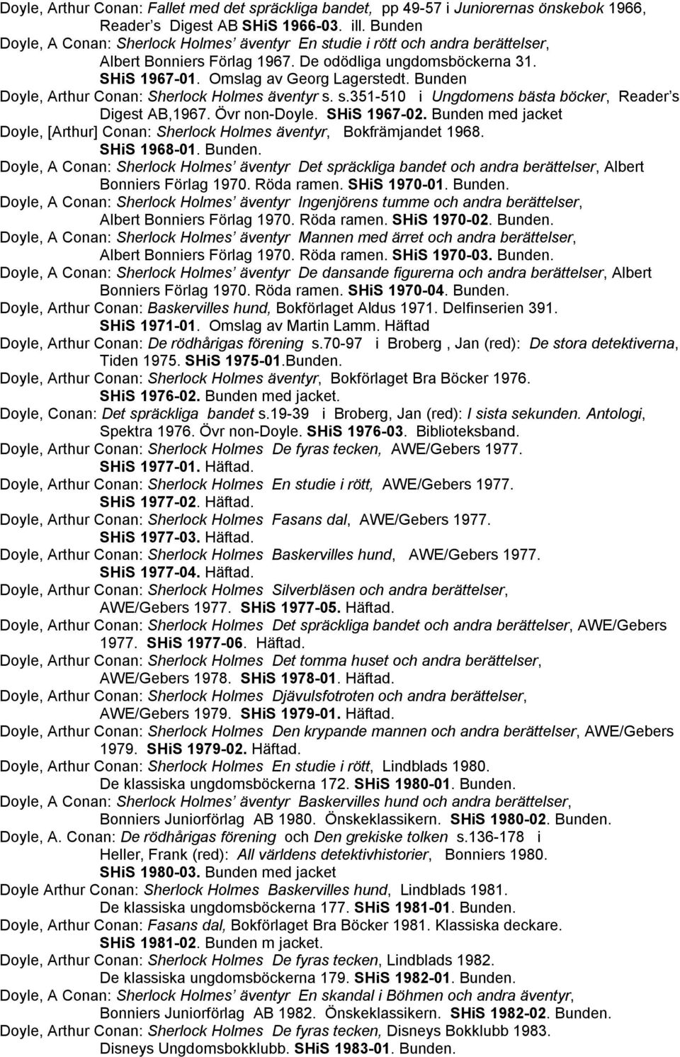 Bunden Doyle, Arthur Conan: Sherlock Holmes äventyr s. s.351-510 i Ungdomens bästa böcker, Reader s Digest AB,1967. Övr non-doyle. SHiS 1967-02.