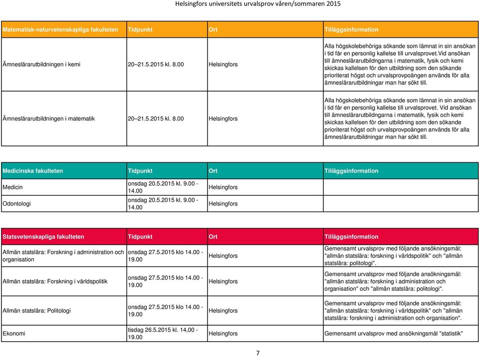 vid ansökan till ämneslärarutbildngarna i matematik, fysik och kemi skickas kallelsen för den utbildning som den sökande prioriterat högst och urvalsprovpoängen används för alla