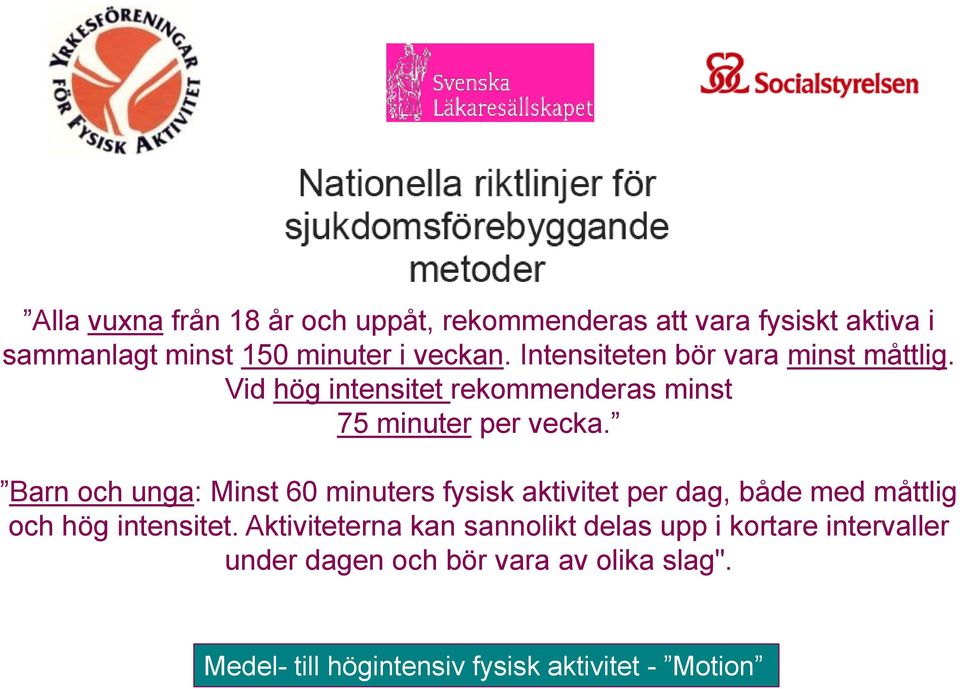 Barn och unga: Minst 60 minuters fysisk aktivitet per dag, både med måttlig och hög intensitet.