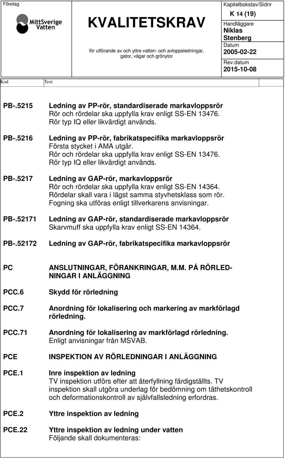 Rör typ IQ eller likvärdigt används. Ledning av PP-rör, fabrikatspecifika markavloppsrör Första stycket i AMA utgår. Rör och rördelar ska uppfylla krav enligt SS-EN 13476.