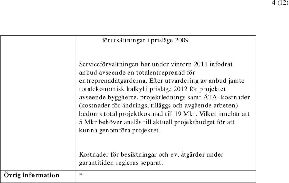 Efter utvärdering av anbud jämte totalekonomisk kalkyl i prisläge 2012 för projektet avseende byggherre, projektlednings samt ÄTA -kostnader