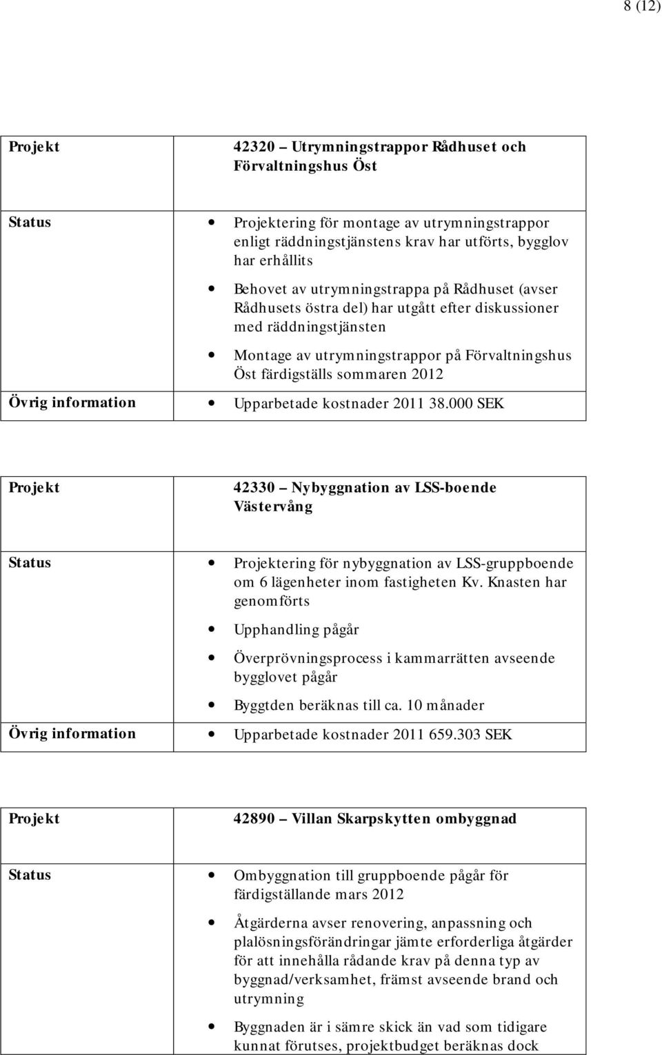 information Upparbetade kostnader 2011 38.000 SEK 42330 Nybyggnation av LSS-boende Västervång Status ering för nybyggnation av LSS-gruppboende om 6 lägenheter inom fastigheten Kv.
