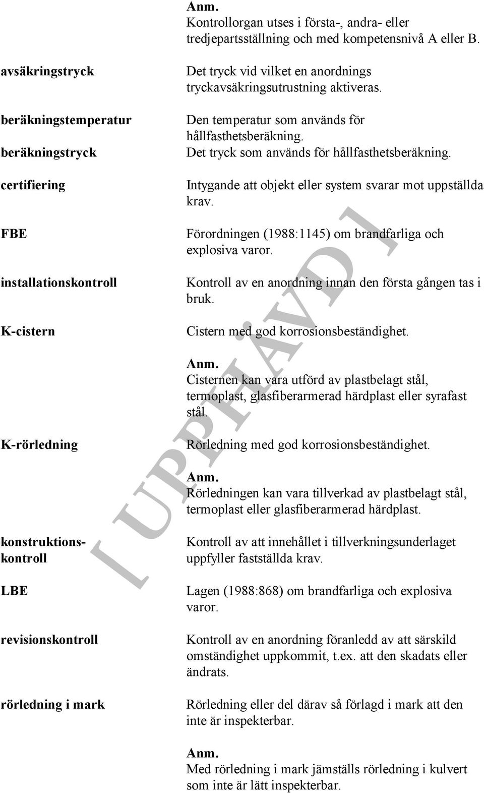 en anordnings tryckavsäkringsutrustning aktiveras. Den temperatur som används för hållfasthetsberäkning. Det tryck som används för hållfasthetsberäkning.