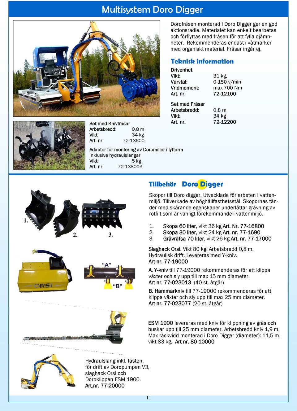 Teknisk information Drivenhet 31 kg, Varvtal: 0-150 v/min Vridmoment: max 700 Nm Art. nr. 72-12100 Set med Fräsar Arbetsbredd: 0,8 m 34 kg Art. nr. 72-12200 1. 2. 3. Tillbehör Skopor till Doro digger.
