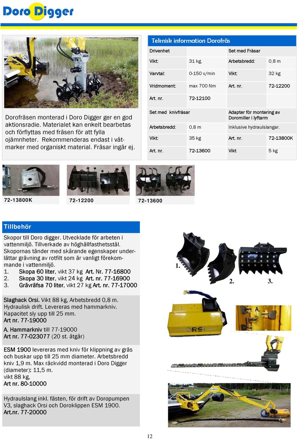 Rekommenderas endast i våtmarker med organiskt material. Fräsar ingår ej. Set med knivfräsar Adapter för montering av Doromiller i lyftarm Arbetsbredd: 0,8 m Inklusive hydraulslangar. 35 kg Art. nr.