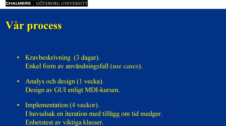 Analys och design (1 vecka). Design av GUI enligt MDI-kursen.