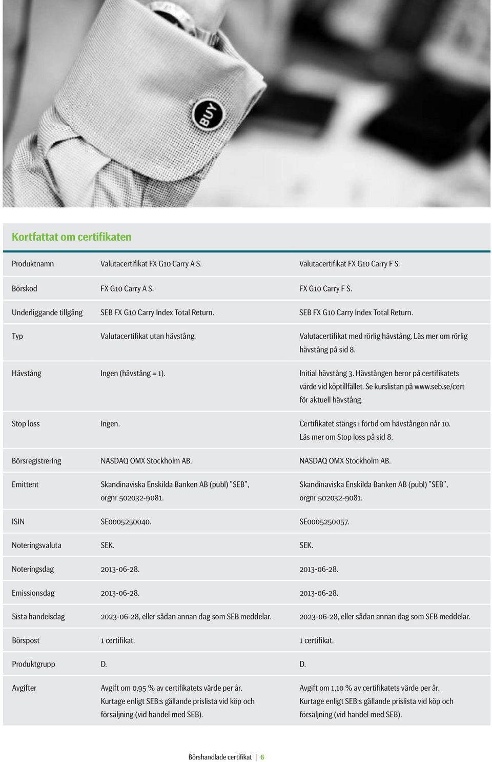 Hävstången beror på certifikatets värde vid köptillfället. Se kurslistan på www.seb.se/cert för aktuell hävstång. Stop loss Ingen. Certifikatet stängs i förtid om hävstången når 10.