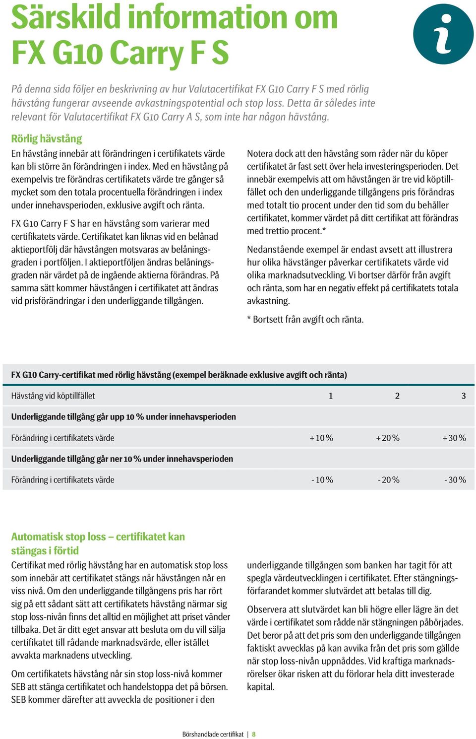 Rörlig hävstång En hävstång innebär att förändringen i certifikatets värde kan bli större än förändringen i index.