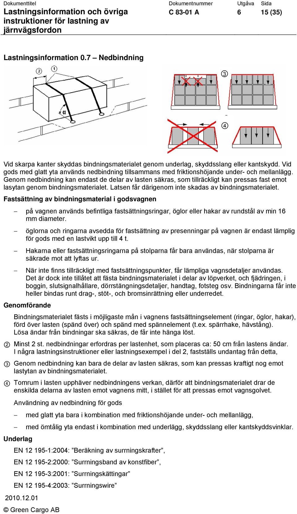 Genom nedbindning kan endast de delar av lasten säkras, som tillräckligt kan pressas fast emot lasytan genom bindningsmaterialet. Latsen får därigenom inte skadas av bindningsmaterialet.