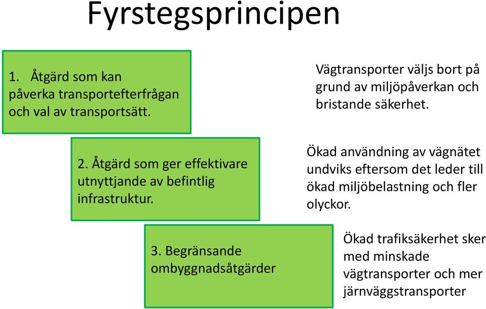 Begränsande ombyggnadsåtgärder Vägtransporter väljs bort på grund av miljöpåverkan och bristande säkerhet.