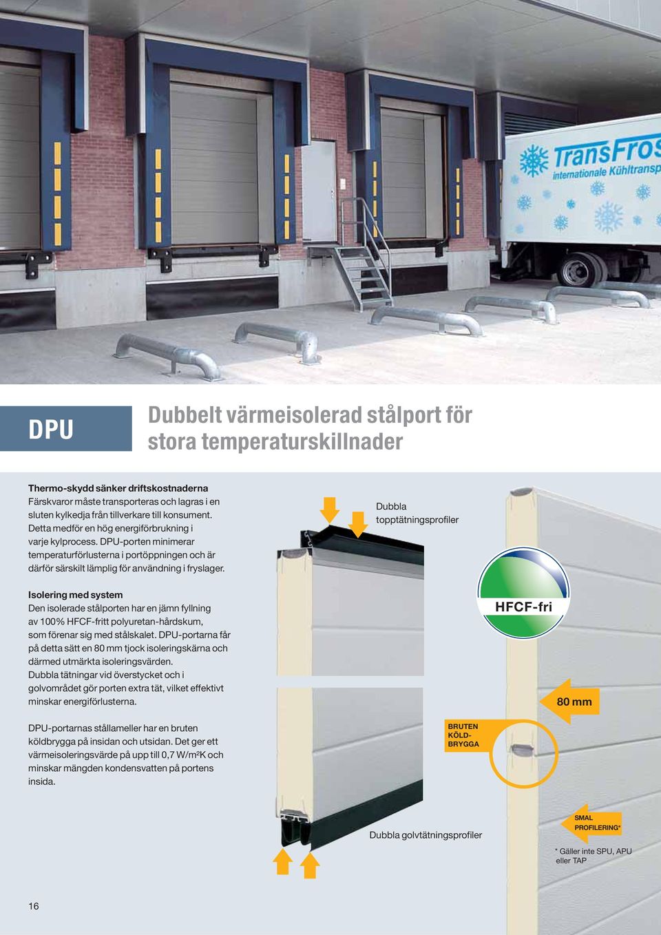 Dubbla topptätningsprofiler Isolering med system Den isolerade stålporten har en jämn fyllning av 100% HFCF-fritt polyuretan-hårdskum, som förenar sig med stålskalet.