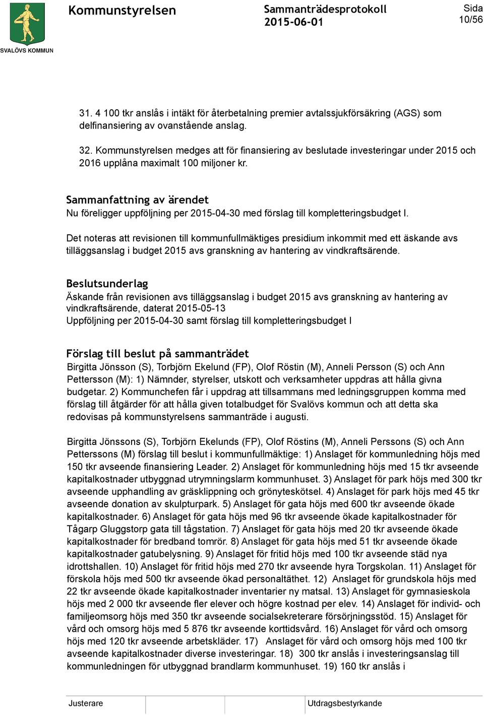 Sammanfattning av ärendet Nu föreligger uppföljning per 2015-04-30 med förslag till kompletteringsbudget I.