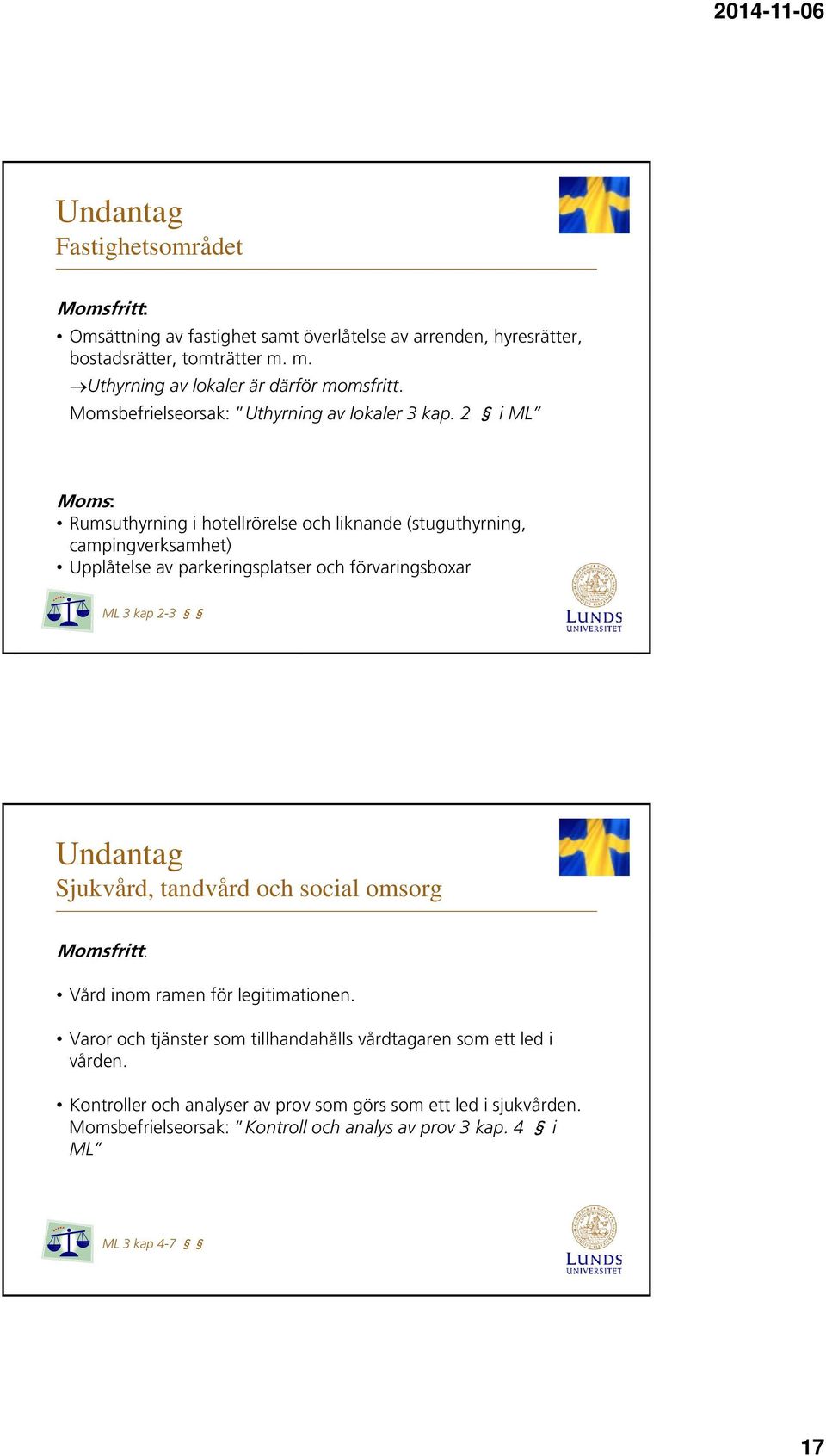 2 i ML Moms: Rumsuthyrning i hotellrörelse och liknande (stuguthyrning, campingverksamhet) Upplåtelse av parkeringsplatser och förvaringsboxar ML 3 kap 2-3 Undantag