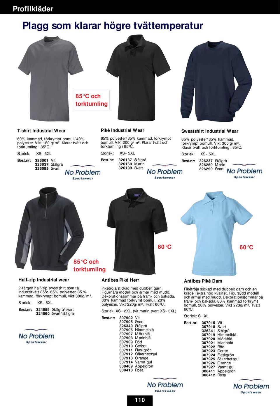 Storlek: XS - 5XL Best.nr: 326137 Stålgrå 326169 Marin 326199 Svart Sweatshirt Industrial Wear 65% polyester/35% kammad, förkrympt bomull. Vikt 300 g/m². Klarar tvätt och torktumling i 85ºC.