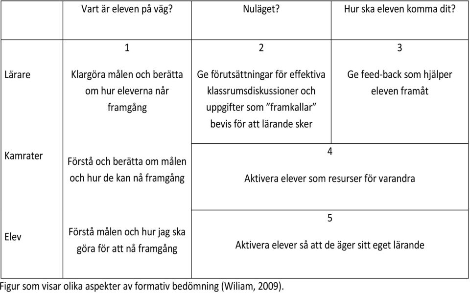 som framkallar bevis för att lärande sker Ge feed- back som hjälper eleven framåt Kamrater Förstå och berätta om målen och hur de kan nå