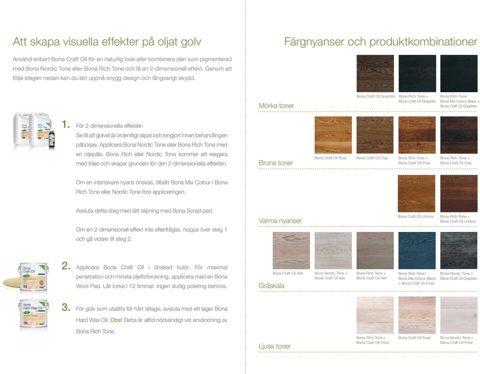 För 2-dimensionella effekter: Se till att golvet är ordentligt slipat och rengjort innan behandlingen påbörjas. Applicera Bona Nordic Tone eller Bona Rich Tone med en oljepäls.