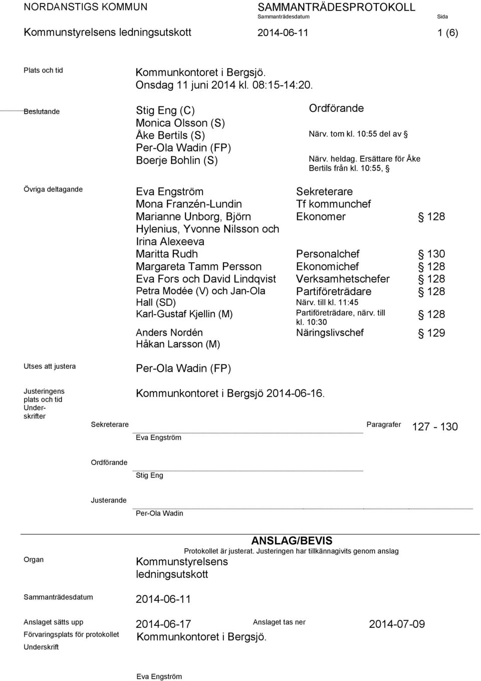 10:55, Övriga deltagande Eva Engström Sekreterare Mona Franzén-Lundin Tf kommunchef Marianne Unborg, Björn Ekonomer 128 Hylenius, Yvonne Nilsson och Irina Alexeeva Maritta Rudh Personalchef 130