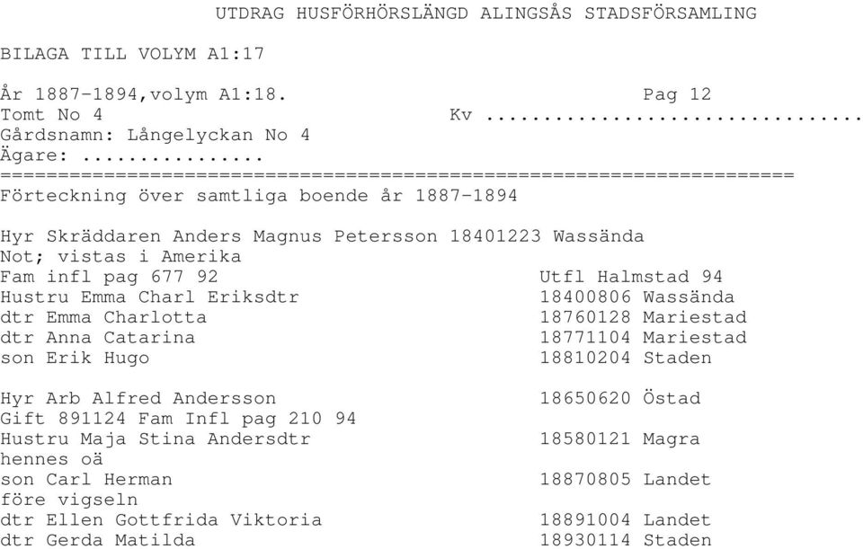 18400806 Wassända dtr Emma Charlotta 18760128 Mariestad dtr Anna Catarina 18771104 Mariestad son Erik Hugo 18810204 Staden Hyr Arb Alfred Andersson