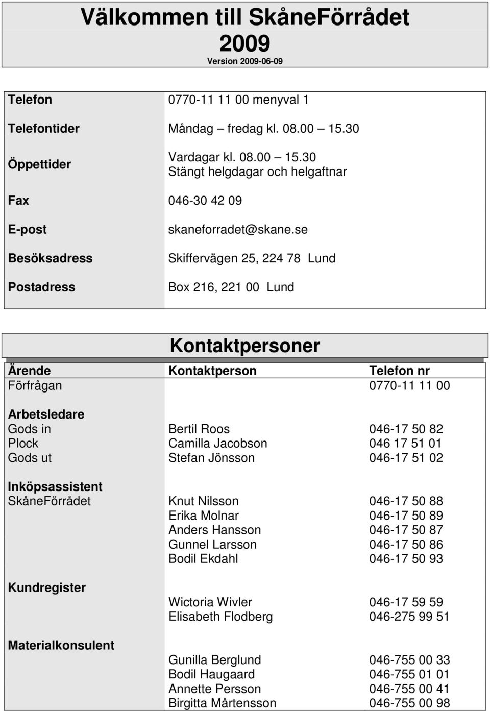 se Skiffervägen 25, 224 78 Lund Box 216, 221 00 Lund Kontaktpersoner Ärende Kontaktperson Telefon nr Förfrågan 0770-11 11 00 Arbetsledare Gods in Bertil Roos 046-17 50 82 Plock Camilla Jacobson 046