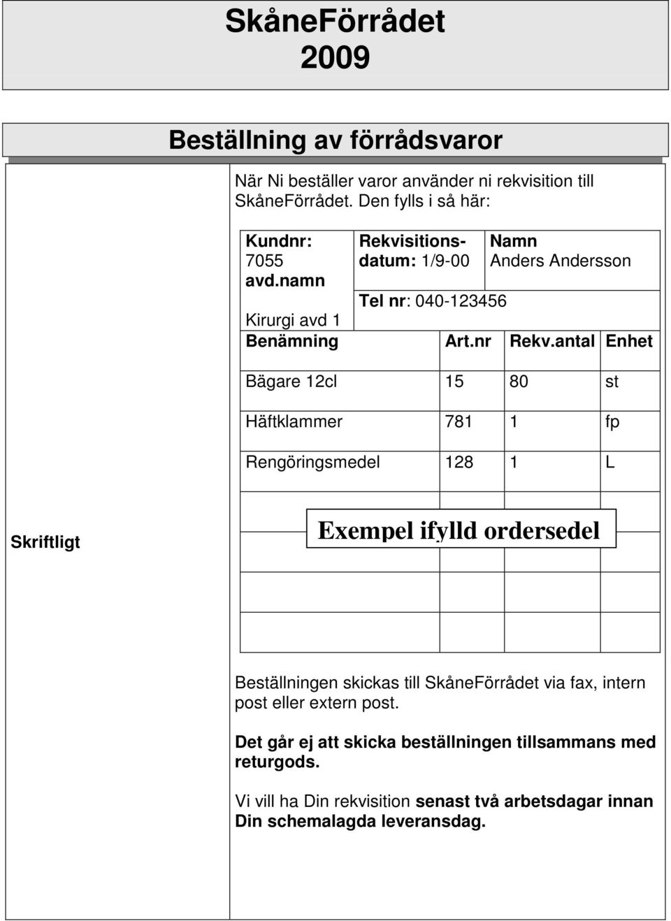 antal Enhet Bägare 12cl 15 80 st Häftklammer 781 1 fp Rengöringsmedel 128 1 L Skriftligt Exempel ifylld ordersedel Beställningen skickas till