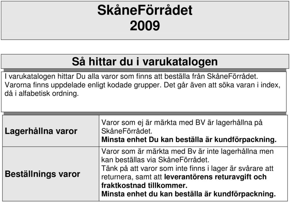 Lagerhållna varor Beställnings varor Varor som ej är märkta med BV är lagerhållna på SkåneFörrådet. Minsta enhet Du kan beställa är kundförpackning.