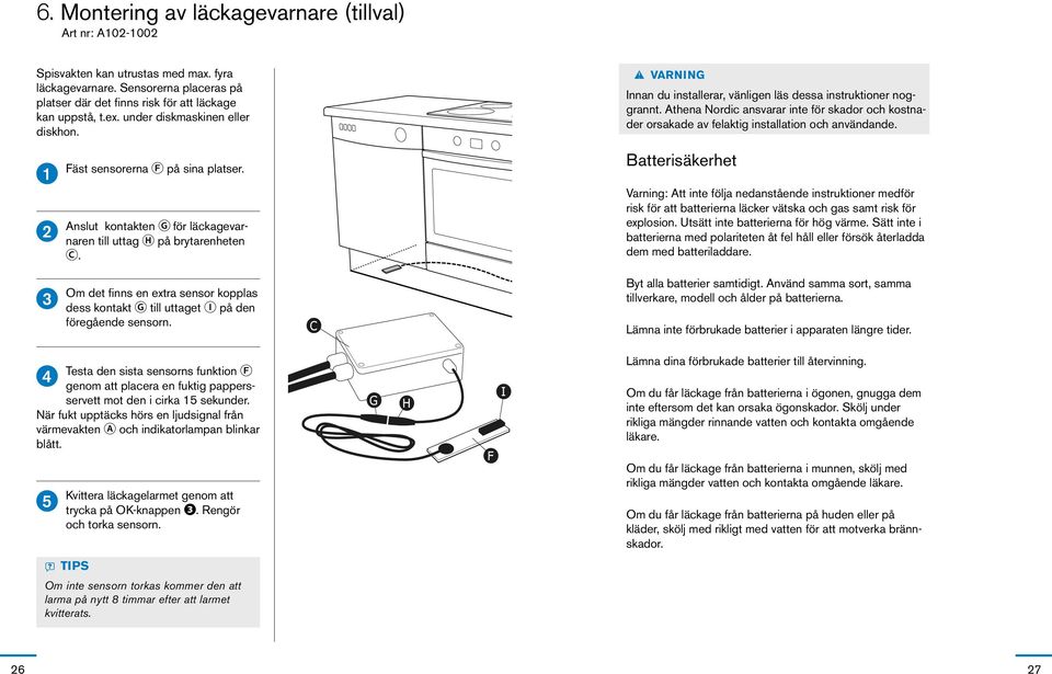 Athena Nordic ansvarar inte för skador och kostnader orsakade av felaktig installation och användande. Fäst sensorerna F på sina platser.